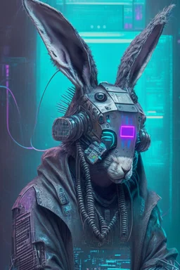 portrait of a cyber punk rabbit hacker humanoid