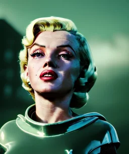 Ultra Realistic retro sci-fi 1960 scene, waist up view portrait, blonde woman, sweet young Marilyn Monroe face, perfect iris, tight latex coat, Strange planet background, Retro sci-fi style glass helmet, fog, rain, soft color, highly detailed, unreal engine 5, ray tracing, RTX, lumen lighting, ultra detail, volumetric lighting, 3d, finely drawn, high definition, high resolution.