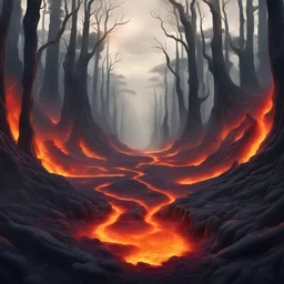 A beautiful forest with a crack down the middle which shows lava and hellfire