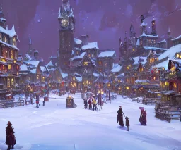 A magical town square with canals for warlocks and witches in snowy Christmas