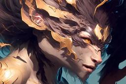 hyper-closeup Chimera beast character, in the style of Artgerm, Stanley Lau, energetic brushwork, elaborate details, semi-realism, dynamic compositions, anime-inspired, powerful, layered textures, graphic novel aesthetic