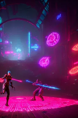 cyborgs fighting against each other in roman coloseum, perfect, sharp,red blossoms, laserweapongs,8k quality, cyberpunk art, neon lights, rustical, old technology, pink shining, showkampf, antik, römisches empire, panorama picture