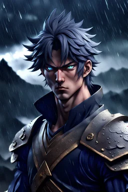 3d anime warrior man portrait , detailed, sharp focus, mystic , dark colors, pale lights, rain, storm, sharp focus, mountain, crepy, dark fantasy landscape, random background, professional anime art