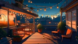 View over cozy outdoor terrace with outdoor string lights. Autumn evening on the roof terrace of a beautiful house with lanterns, digital ai art By