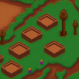 escena de un juego en pixel art desde angulo alto de un sendero de tierra rodeado por pasto, 6 arboles de copa redonda y algunas rocas