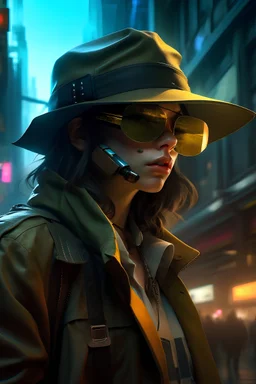 cyberpunk city scene with a character in a straw hat with square pilot goggles