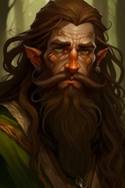 Gnom, braune lange wilde Haare, große, auffällig dicker Nase, grüne Augen, sehr jung (etwa zwanzig Jahre) , Druide, gebräunte Haut, Zeichen im Gesicht, kein Bart