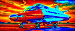 A national geographic award winning photograph of a military fighter jet station wagon wasp hybrid designed by volkswagen only one vehicle per image painted metallic orange traveling at a high rate of speed, jet intake off of front center of vehicle and jet exhaust out the rear with bright blue flame