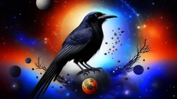 Crow in a space an the background of planets, souls, tree of life