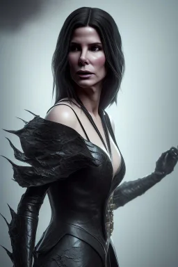Sandra Bullock as evil queen in black leather gown, cleavage, angry, dominaneering, stern look unreal 5, octane render,cinema4d, dynamic lighting, dramatic lighting, 4k, redshift render, highly detailed, hyper realistic