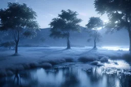 Ice blocks, one tree, night, lagoon reflection, sci-fi, epic,