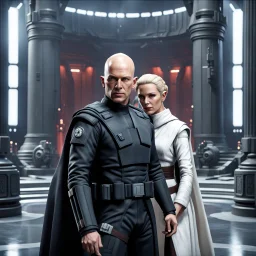 a bold and heroic bald male Corellian pilot in black and grey First Order special forces gear meets a female Jedi Master in ancient, mystical temple, hyperdetailed, dynamic lighting, hyperdetailed background, 8k resolution, volumetric lighting, light skin, fully symmetric details