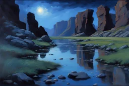 Dark blue sky, rocks, cliffs, puddle, sci-fi, fantasy, mountains, ludwig dettman and rodolphe wytsman impressionism paintings