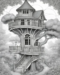 no grey color drawing with pen outline art for adults coloring book Black and white illustration of an imaginative treehouse perched in a sturdy tree, blending various architectural styles. With round windows and pointed roofs, this magical structure includes a balcony, shingles, and a weather vane. The intricate tree is lined with dense leaves, illustrating its vitality. A spiral staircase provides elevated access, punctuated by a platform with a lantern. The drawing, rich in details such as th