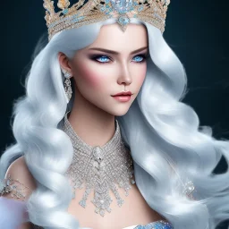 Ice Princess with white hair, a crown with precious stones, bright background