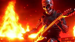 4K. REALISTIC FULL DETAILS. UN TERMINATOR DEBOUT AVEC UNE GUITARE EN MAINS FIRESTARTER; flammes en fond