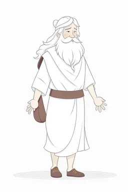 Disney style, white hair, white skin, white beard, coloring book, minimalism, simple lines, white background, STICKER, WHOLE BODY, A CUTE man with ajacket in his hand, long white beard, flowing hair, and long tunic, sandals, open arms, A detailed illustration, in the style of Studio Ghibli, 3D vector art, cute and quirky, fantasy art, Adobe Illustrator, hand-drawn, low-