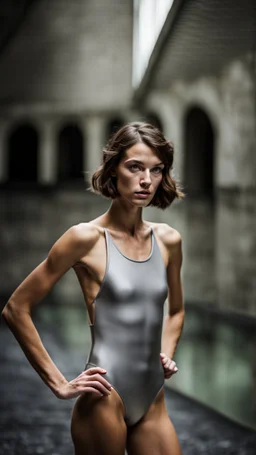 beautiful anorexic woman, total shot, short silver triathlon swimsuit, short brunette wavy bob hair, blurred concrete background