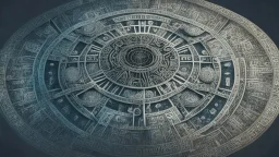 Ancient wheel of knowledge; hieroglyphics, symbolism, dystopian, elegant, fantastical, intricate, hyperdetailed, holographic, magnificent, meticulous, mysterious, ominous