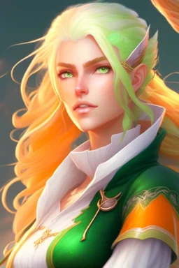 fantasy setting, woman ranger with orange and white hair, pastel green eyes, kind, soft facial traits