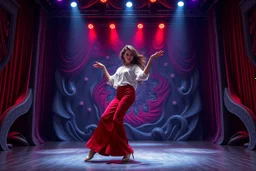 modern stage with gray-dark red theme artistic decoration , color full dynamic lighting, a beautiful lady in pants and blouse with shining silver jewels dancing, 3D recursive fractal structure animating background