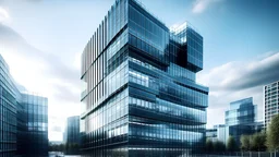 Contemporary glass and steel building with elegant lines and an innovative façade, surrounded by a busy cityscape, modern and in high resolution.