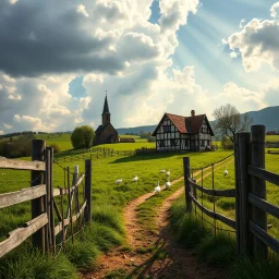 Prompt: create a realistic image: "A picturesque, rural village with an old church and a traditional half-timbered house on a gentle hill. The scene features a rustic wooden fence in the foreground framing a green meadow with white geese. The sky is dramatic with large, white clouds, and rays of sunlight break through to bathe the landscape in a warm glow. The path leading to the church and house is interspersed with grass and earth, giving the scene an idyllic and nostalgic atmosphere. Style in