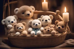 Cute but quirky stuffed animals lie in a carved basket on a soft sling, by candlelight
