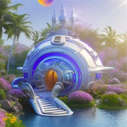 landscape of summer tropical ambient beutiful villa white gold and neon lights bright and colorful bright gloss effect of a futuristic house,like spaceship, natural round shapes concept, large transparent view of the open outdoor garden,sea beach at sunset, gold crystals,with light pink, flowers of Lotus, beutiful pools, light of sun , palmiers,cerisiers en fleurs, wisteria, sun , stars, small waterfalls