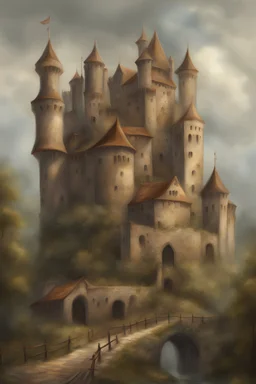 Castelo medieval de fantasia, velho com elementos steampunk, pintura realista. A paisagem está no subterrâneo, escuro noite