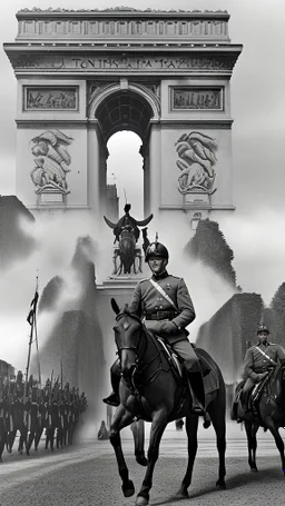 "Generate an image of the occupation of France by the Germans in World War II, depicting the German army marching under the Arc de Triomphe in Paris. The image should show an officer riding a horse at the head of the procession, followed by a military band and columns of soldiers in fives. The Arc de Triomphe should be visible in the background, with the Champs-Élysées stretching out in front of it. The overall color palette should be muted and somber, with a focus on grays, browns, and greens.