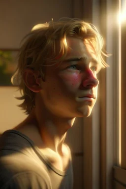 A hyper-realistic portrait of an athletic teen boy with honey brown eyes, messy golden blond hair, cute, innocent and amused, looking out a window, a hint of facial hair, no shirt, shirtless, inside an empty room with warm sunlight streaming in, detailed, high definition, 4K, 8K, quality render, photo realistic