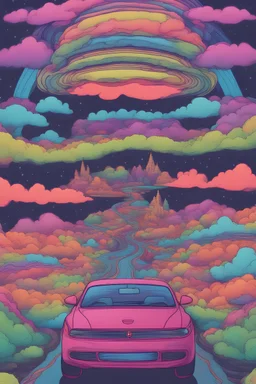 sitting inside of the car, driving and outside is trippy imagination