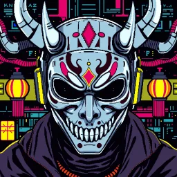 8 bit pixelart cyberpunk,Hannya-Maske, Comic style