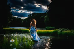 shot from front ,green field and wild flower field ,beautiful girl in pretty dress curly hair walking in water toward camera in trees next to wavy river with clear water and nice sands in floor.camera capture from her full body front, spring blosom walking to camera ,wild flowers moving in the wind ,blue sky,moving pretty clouds ,joy full facet.