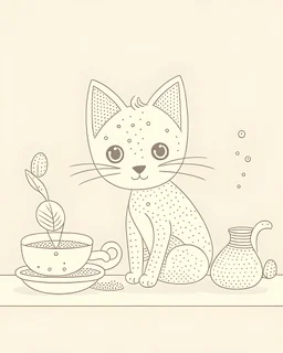 A minimalistic illustration of a kitten in a tea party, with a dotted outline for coloring.
