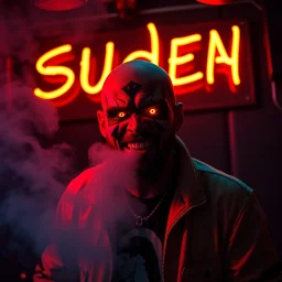 An "suden talvi ilman kebabia" performing at dance club, his name is "suden talvi ilman kebabia" and looks crazy, looks very aggressive look, Neon lights and smog, "suden talvi ilman kebabia" SIGN ON WALL