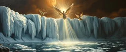 master oil painting by Rembrandt,ice ountain of air water angels singing, display of god rays over blessed earth