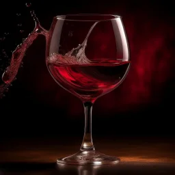 Create an artistic representation of a wine glass with a rich, red wine pouring gracefully into it. Capture the moment when the wine is suspended in mid-air, forming a beautiful arc as it enters the glass. The background should have soft, warm lighting to accentuate the colors and enhance the overall feeling of elegance and indulgence.