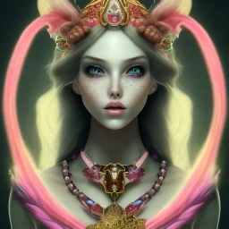 Fire witch, sweet looking, intimidating beauty, young, round face, pale skin, freckles, wild curly pink hair, red colored eyes, wearing a pink witch hat, wearing a glowing pink-red crystal necklace, pink and red eyeshadow, glossy pink lips