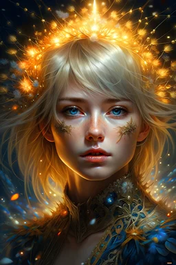 Charming blonde with brown eyes, sparkling fireworks, tinsel garland, detailed ice crystals, full frame, extremely detailed face, intricate filigree, artgerm, hyperdetalization, 32k polished, highly detailed digital painting, artstation concept art, smooth sharp focus, art illustration from artgerm, Yayoi Kusama. Queen Anna, Josephine Wall