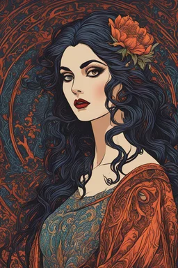 museum quality color woodcut of an ancient female vampire sorceress with highly detailed hair and facial features , in the style of Gustave Baumann, with a fine art aesthetic, highly detailed, finely cut ,8k render,
