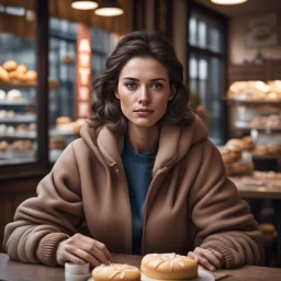 Hyper realistic woman, soft athletic build, Caucasian, Paris bakery, sitting at table inside, cozy jacket, looking at camera, dark brown hair