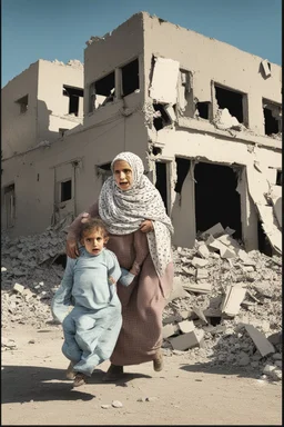 Palestinian old woman wears the keffiyeh , Carrying a small girl ,at summer , Destroyed Buildings , with a Explosions, at night