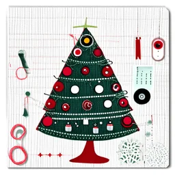 Christmas card in a graphic style, Christmas tree made of sewing accessories, threads, bobbins, buttons