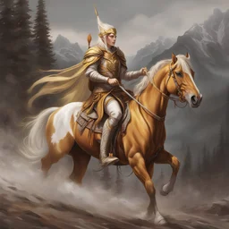 Elf warrior riding a horse Palomino red yellow and white linear drawing hyper-detailed 8k