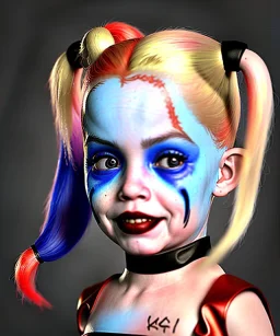 Harley quinn toddler, full body, soft skin, dramatic lighting, hyper realistic