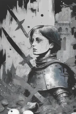 Au centre de l'image je voudrais Jeanne d'Arc en noir et blanc et autour beaucoup de couleurs avec des poissons, des déchets, des tâches de peinture, des bulles de bd, des poilus de la première guerre mondiale, dans un style pop