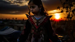 A Palestinian girl have wings wearing an embroidered dress in gaza during sunset in winter.