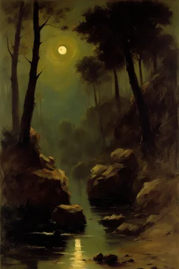 Night, trees, rocks, mountains, ernest welvaert and alfred stevens impressionism paintings